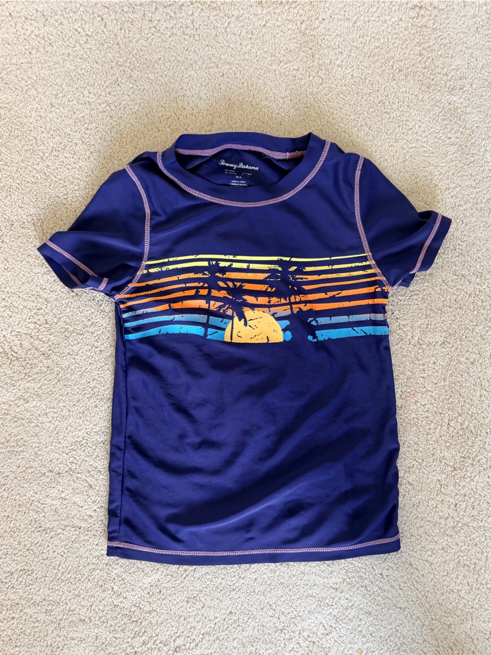 3/$15 Tommy Bahama Kids Rash Guard Swim Shirt Navy Sunset Graphic Size 5/6